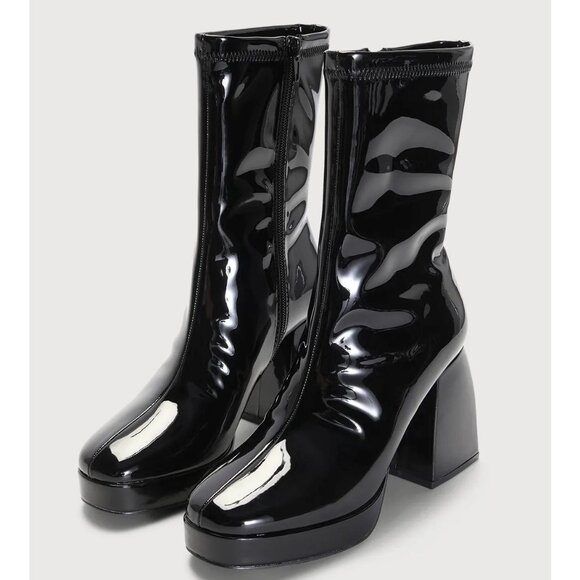 NEW Lulus Size 11 Edmen Black Patent Platform Mid Calf Boots Zip Up Block Heel - Picture 7 of 12